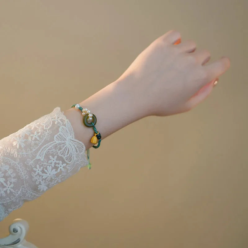 Hand-woven flexible wire watch bracelet with pearl peace buckle closure in retro style