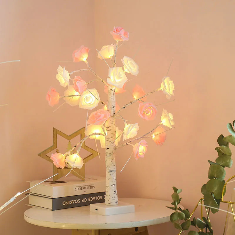 60cm Christmas Rose Shining Tree Lamp with pink and white rose flowers, USB battery dual-use