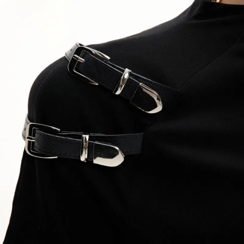 Men's slim fit black cotton T-shirt with a metal belt design on the front.