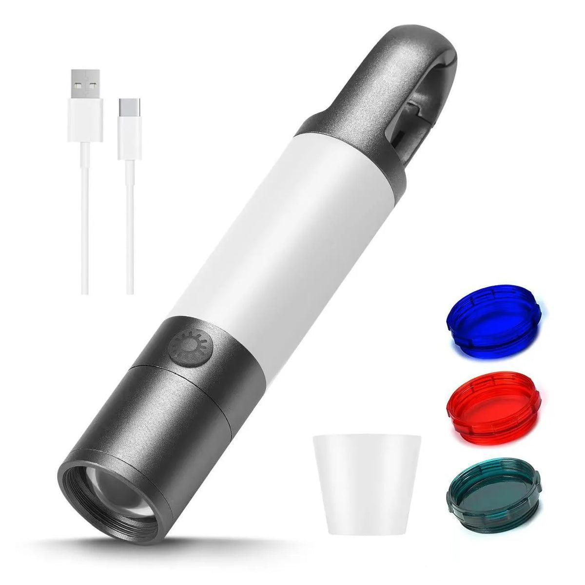 Silver aluminium alloy outdoor charging LED work light with magnetic top and hook, on a dark surface