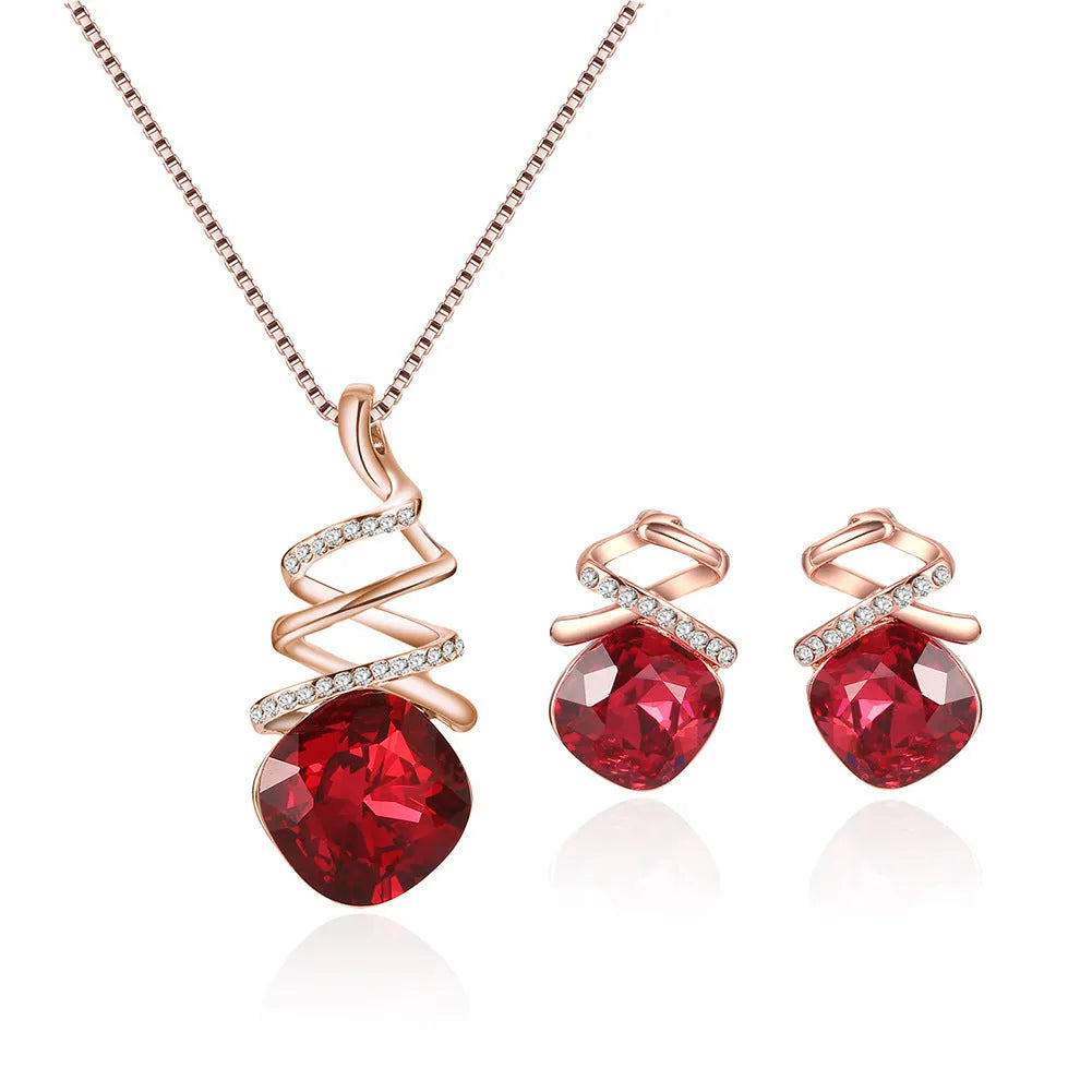 Women's alloy necklace and earring set with diamond-look finish on an adjustable water wave chain.