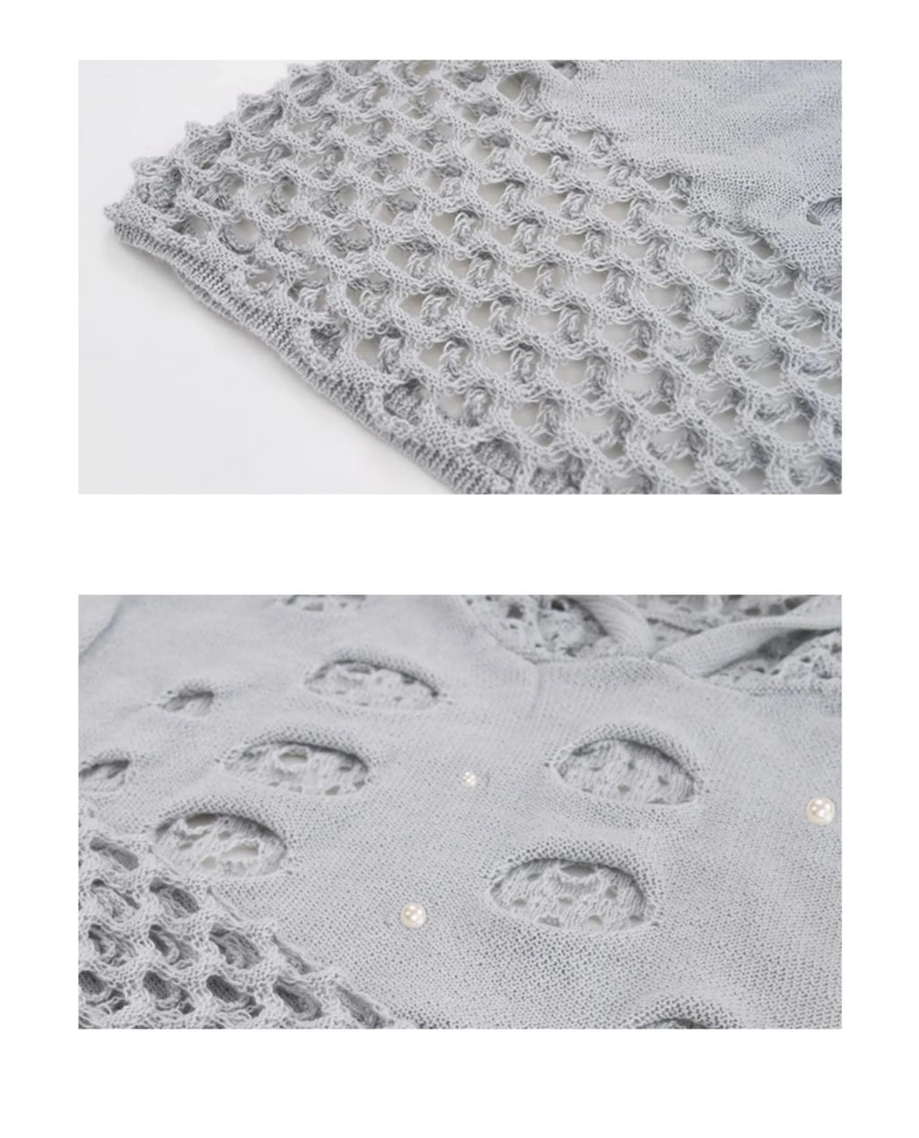 Black men's hooded sweater with hollow knit pattern and pearl decorative details on the front.