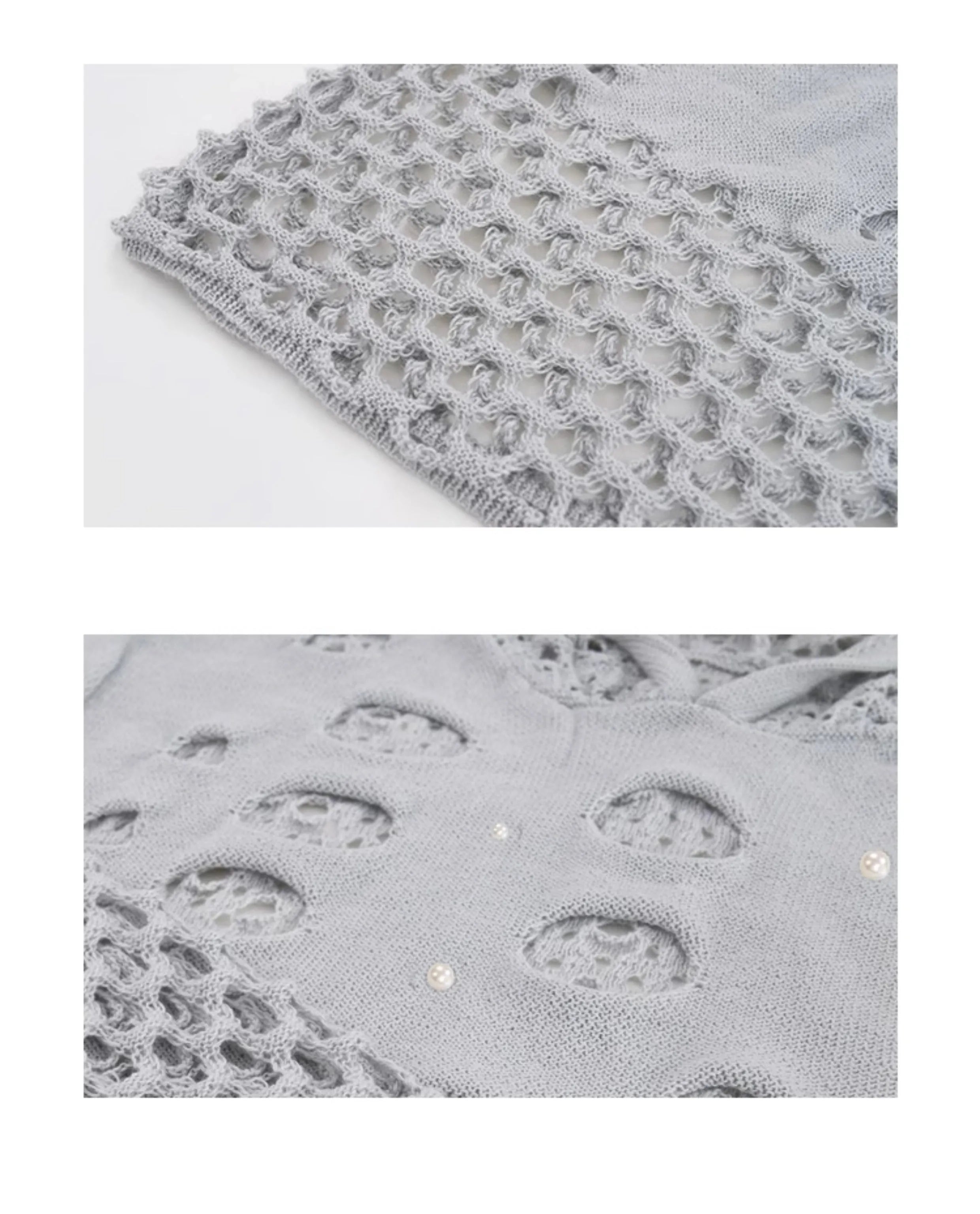 Black men's hooded sweater with hollow knit pattern and pearl decorative details on the front.