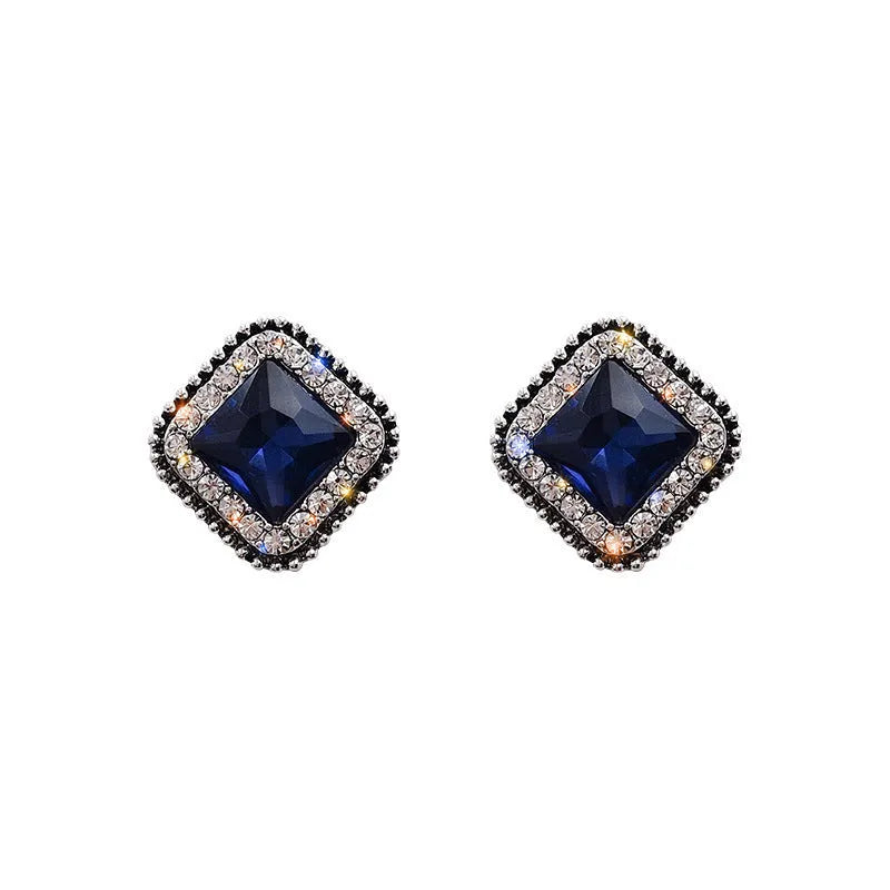Close up of Korean blue diamond square earrings with geometric zinc alloy design for women