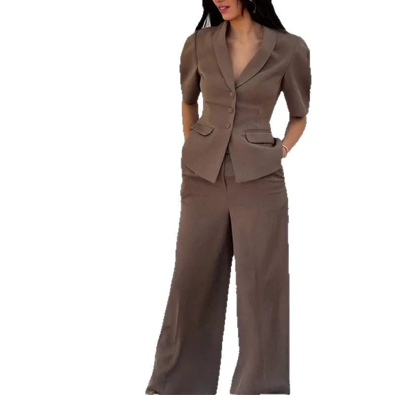 Brown polyester slim fit two-piece suit with long sleeves on a hanger