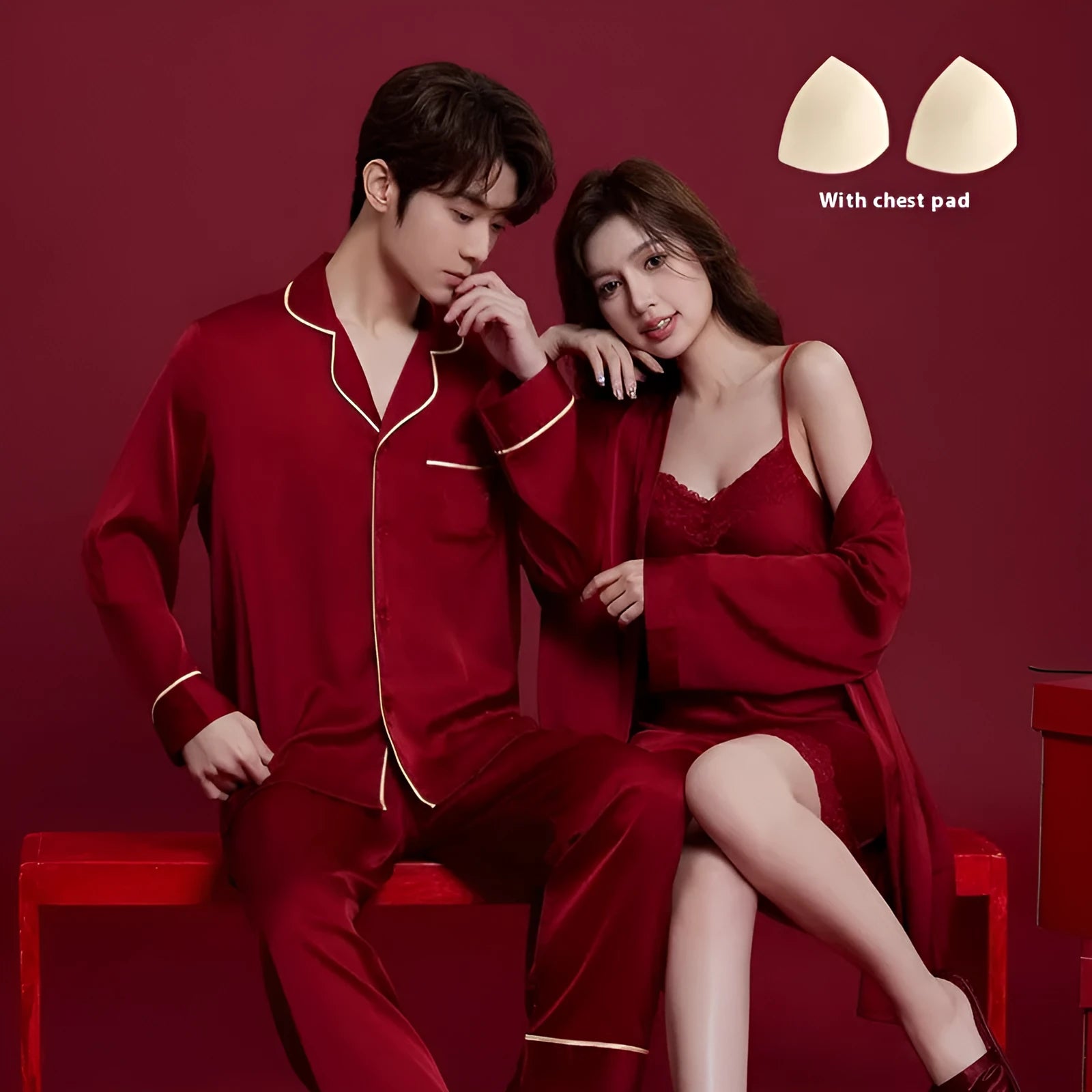 Red long sleeve polyester sleepwear set for a man and woman, presented as a wedding dowry gift.