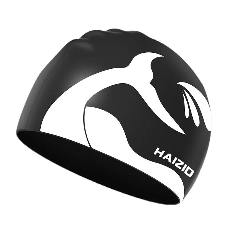 Silicone swimming cap with whale tail design and waterproof ear protectors in four colour options