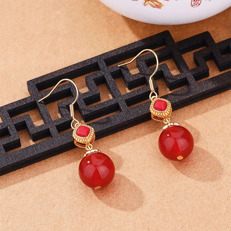 Southern red agate round bead earrings with S925 silver inlaid jasper geometric design