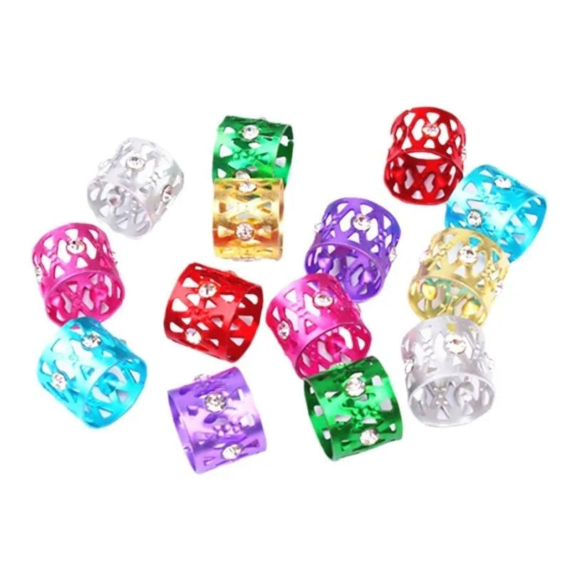 Aluminium hair ring wig decoration with hollow jeweled design featuring crown and heart shapes.