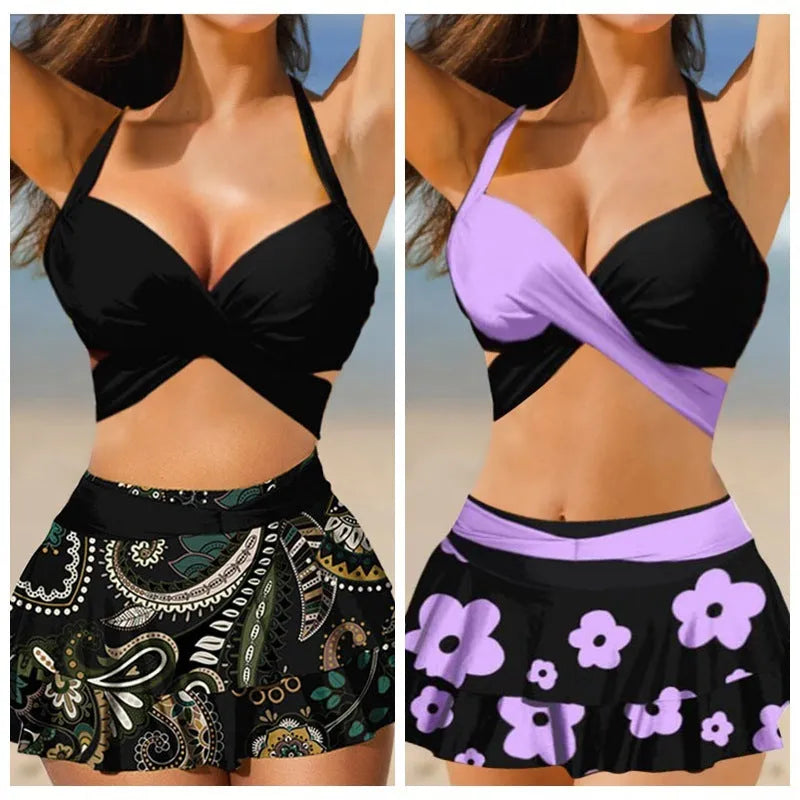 Women's purple split bikini set with high-waisted briefs and matching skirt for swimming