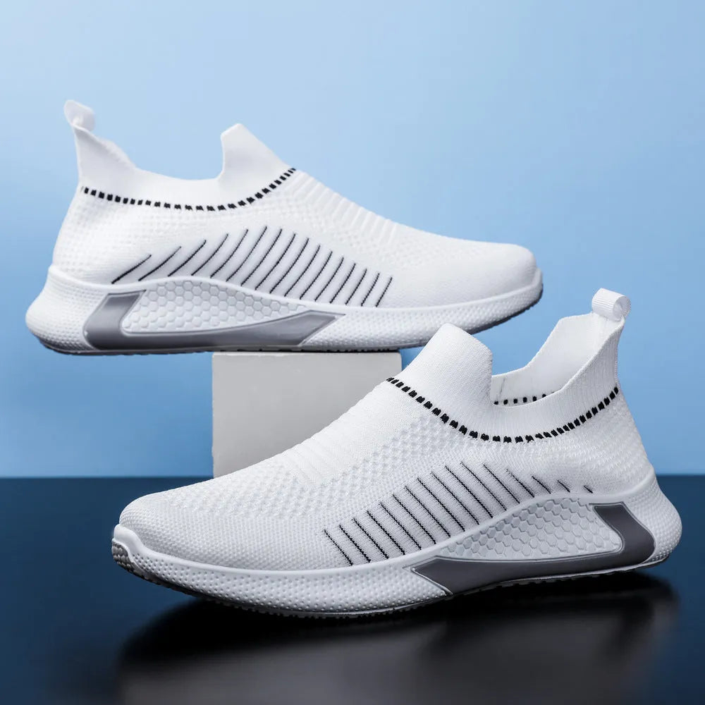 Men's black and white striped mesh sock running shoes with lace-up front