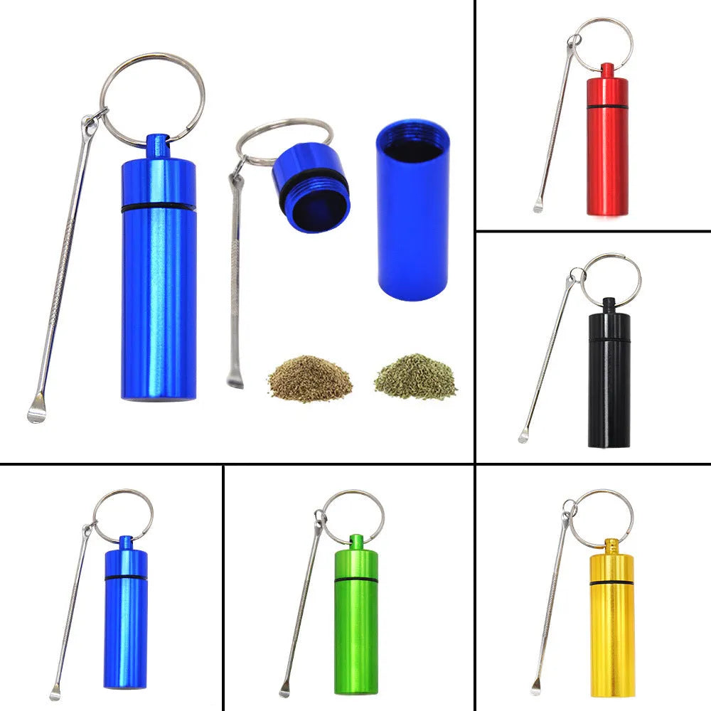 Aluminium portable pill storage bottle with keychain loop in one of five colour options: black, blue, gold, green, or red.