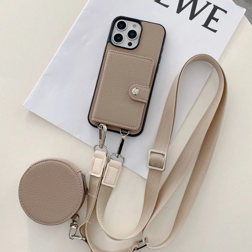 PC leather phone case with card holder slot and lanyard loop for Apple iPhone, shown in black.