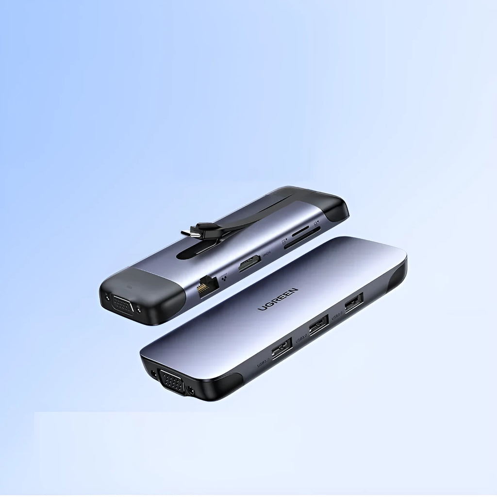 USB-C docking station adapter showing either 5-in-1 or 9-in-1 port configuration on a compact 9cm body.