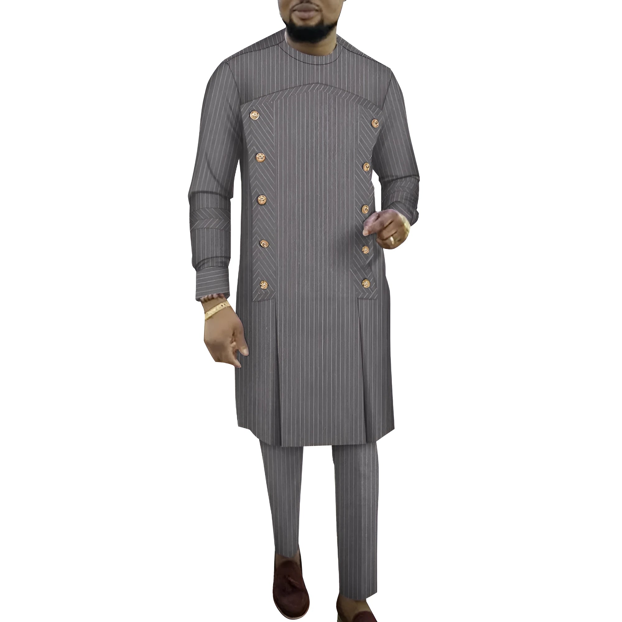African striped cotton robe two-piece set for men, showing long sleeve top and matching trousers.