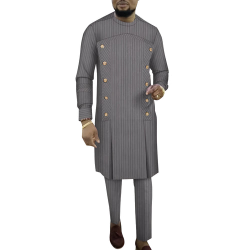African striped cotton robe two-piece set for men, showing long sleeve top and matching trousers.