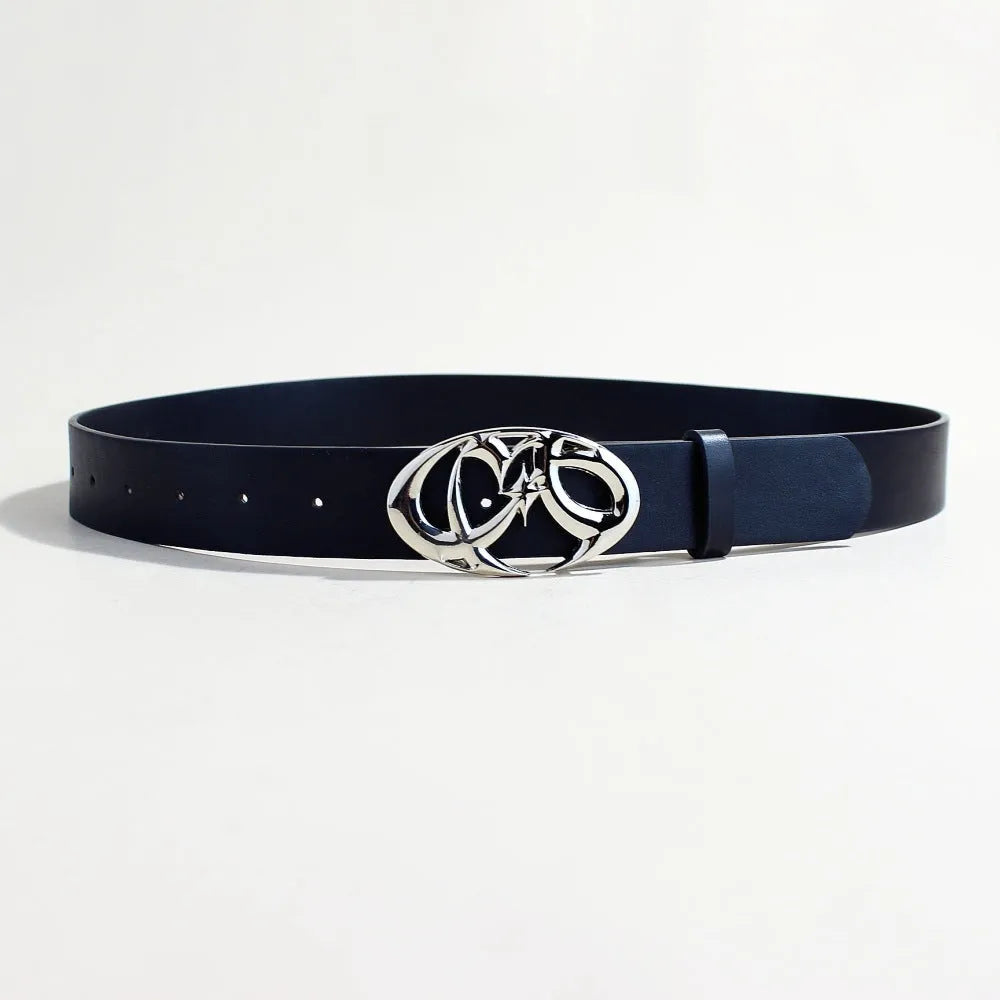 Casual PU leather belt with silver alloy buckle and snap button closure in 105cm length