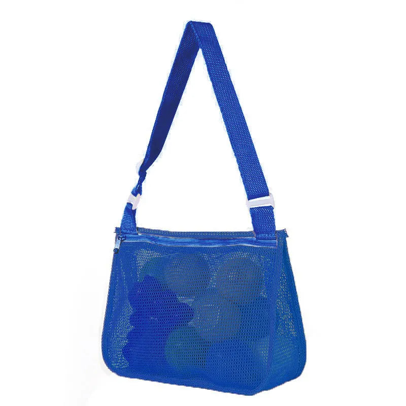 Blue nylon mesh travel storage organiser bag for children's toys and clothing, sealed, measuring 20x25x8cm.