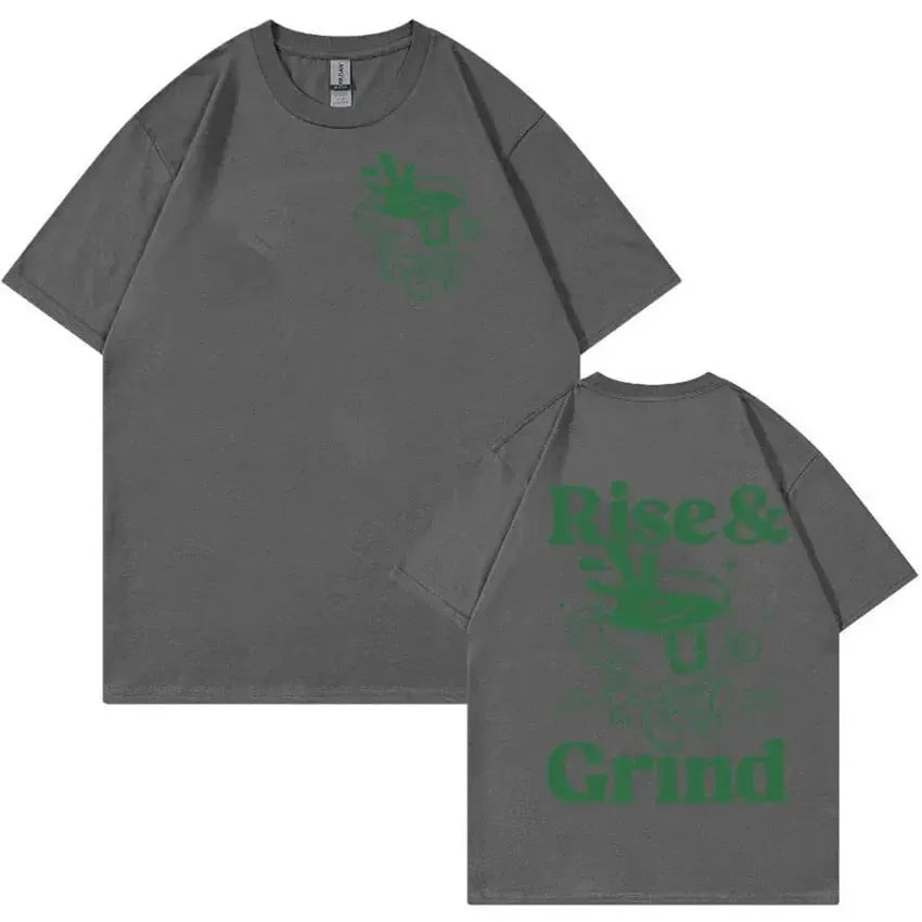 Man's loose-fit linen-blend t-shirt with Rise And Grind green coffee cartoon print