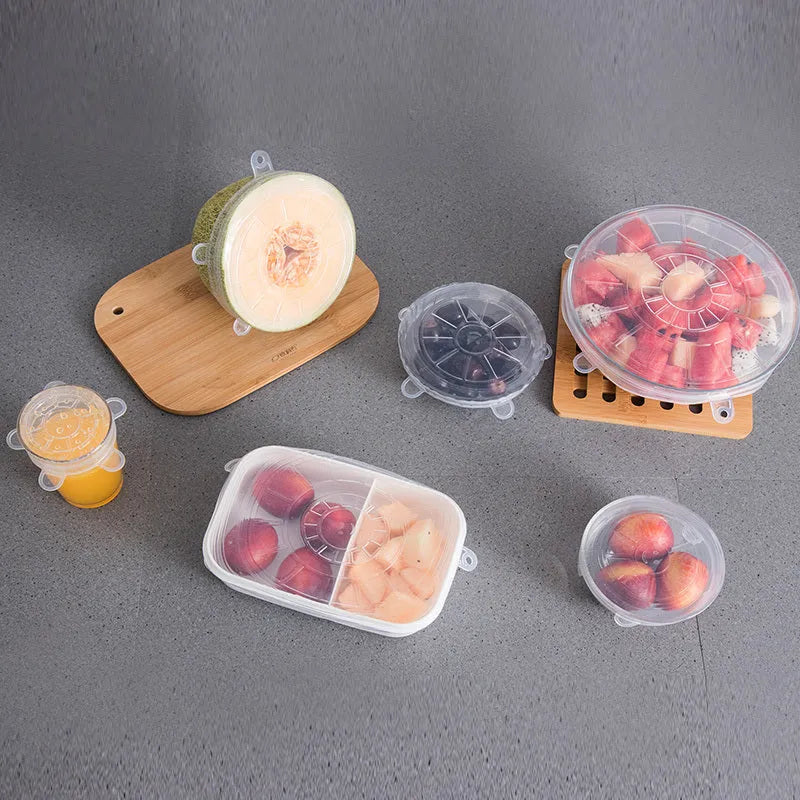 Six silicone stretch food cover lids in different sizes from 6.5cm to 20.5cm diameter