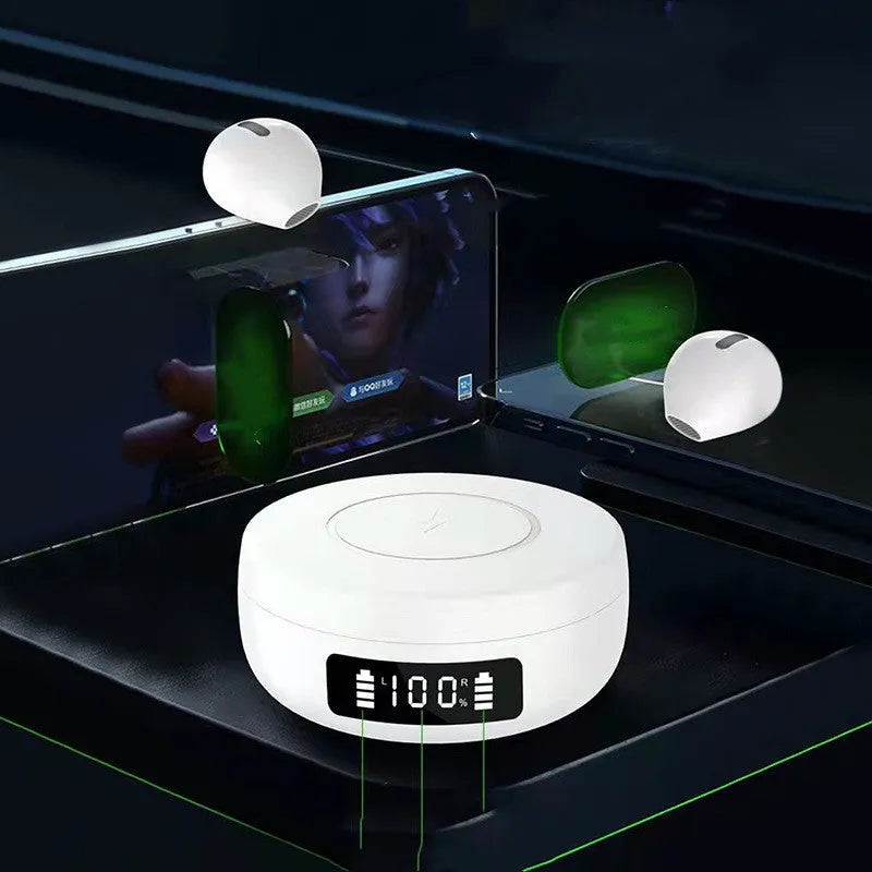 Mini wireless semi-in-ear headphones and charging case in black, colour, or white.