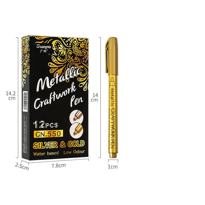 English Packaging metal paint pen with plastic shell, shown in gold and silver colour options.