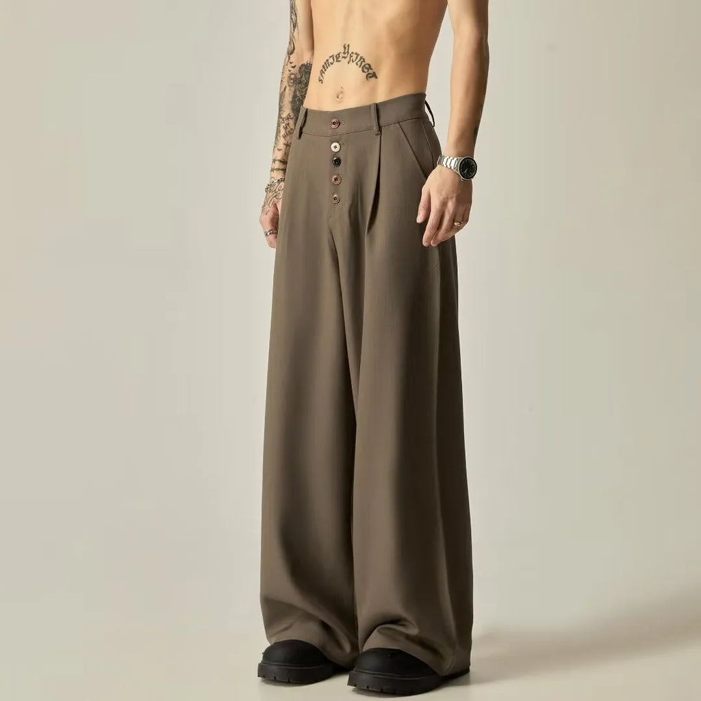 Men's black cotton blend straight-leg wide casual trousers with an elastic mid waist.