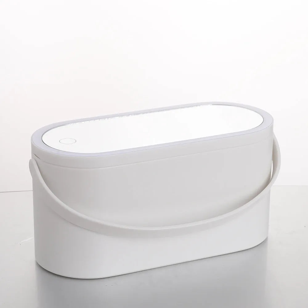 Pink gradient portable LED makeup mirror and storage organiser box with USB port.