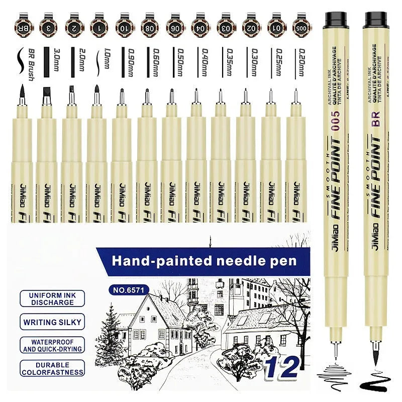 Waterproof black ink needle pen with syringe cartoon art on a 133mm plastic body.