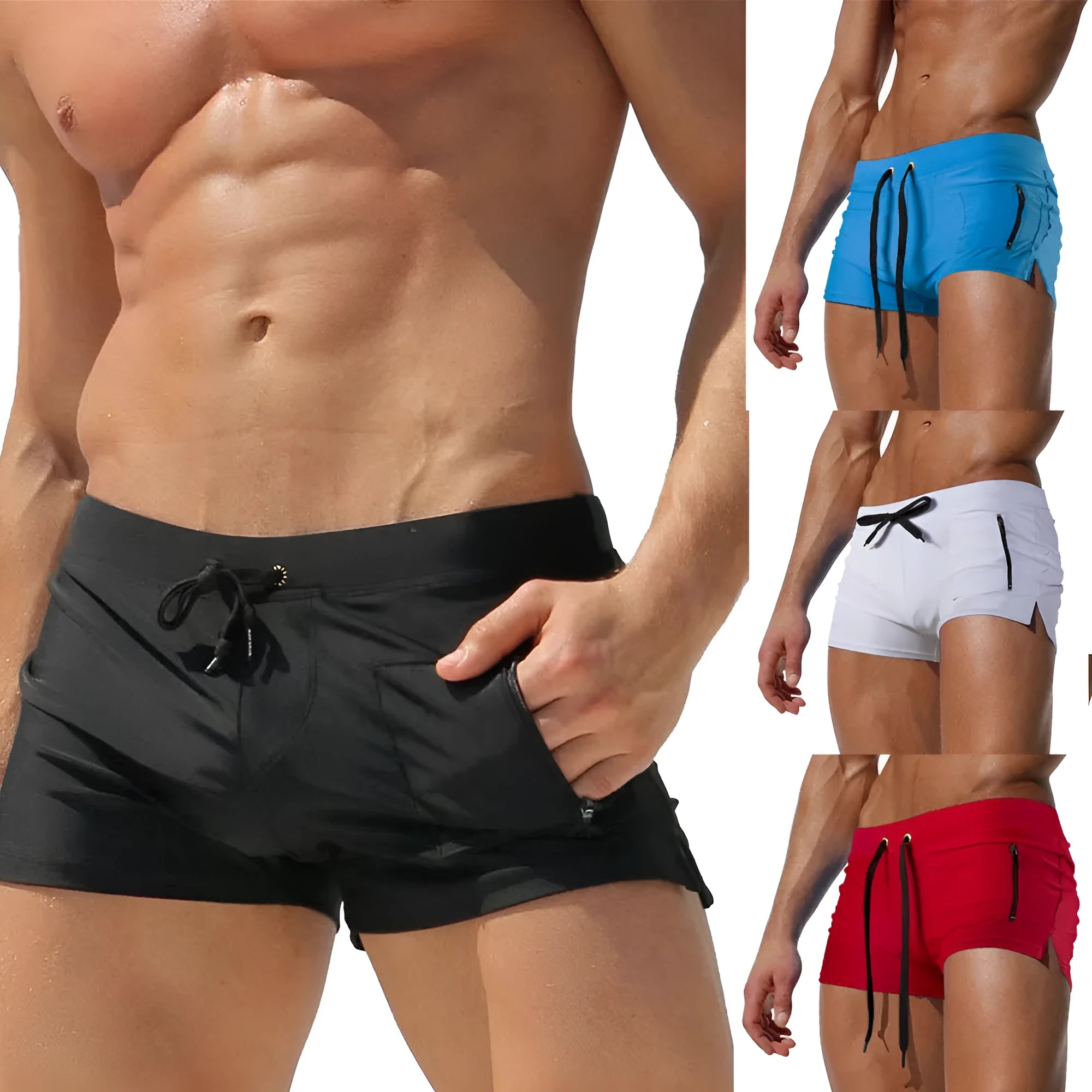 Men's black high-waist swimming trunks with a lace-up front closure.