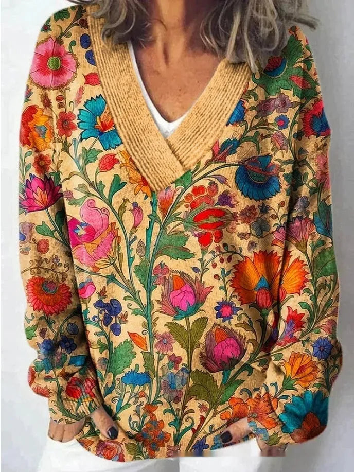 Women's retro V-neck sweatshirt with a detailed 3D floral pattern print in a choice of colours.