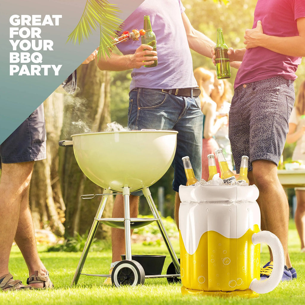 Large yellow inflatable beer mug shaped pool float drink cooler with ice compartment