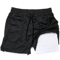 Men's camouflage print double-layer quick-drying sports shorts in various colours on a size chart.