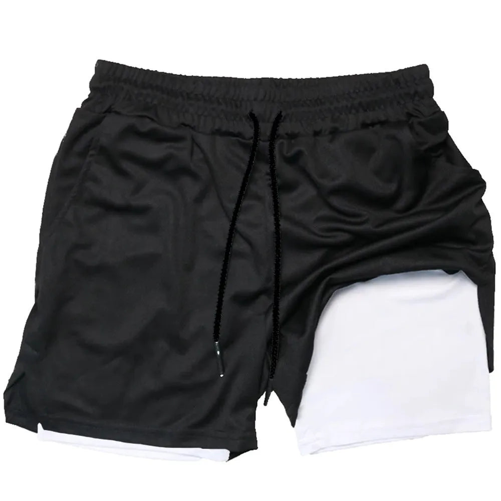 Men's camouflage print double-layer quick-drying sports shorts in various colours on a size chart.