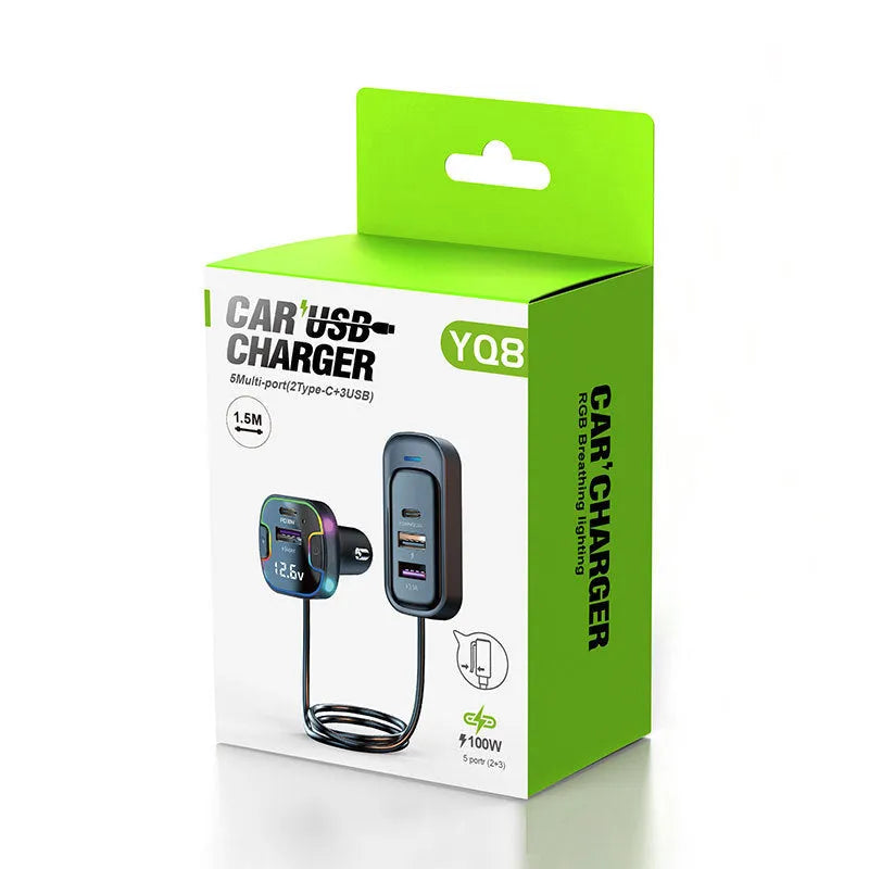 Front and rear car PD fast charging multi-interface charger with five ports in YQ8 black