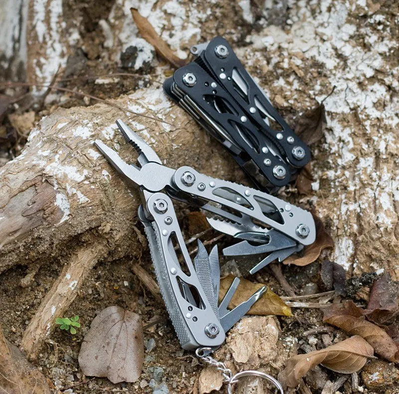 All steel 14-in-1 folding multi-function pliers with locking blade, 10cm folded length, black colour