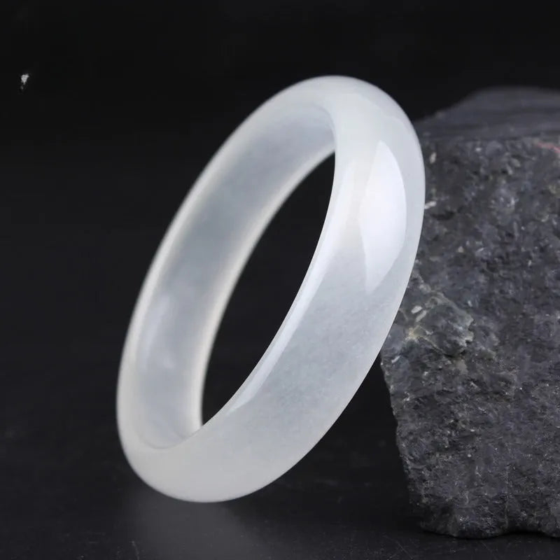 Gao Bing white jade bracelet in flat rod and round rod designs showing six size options