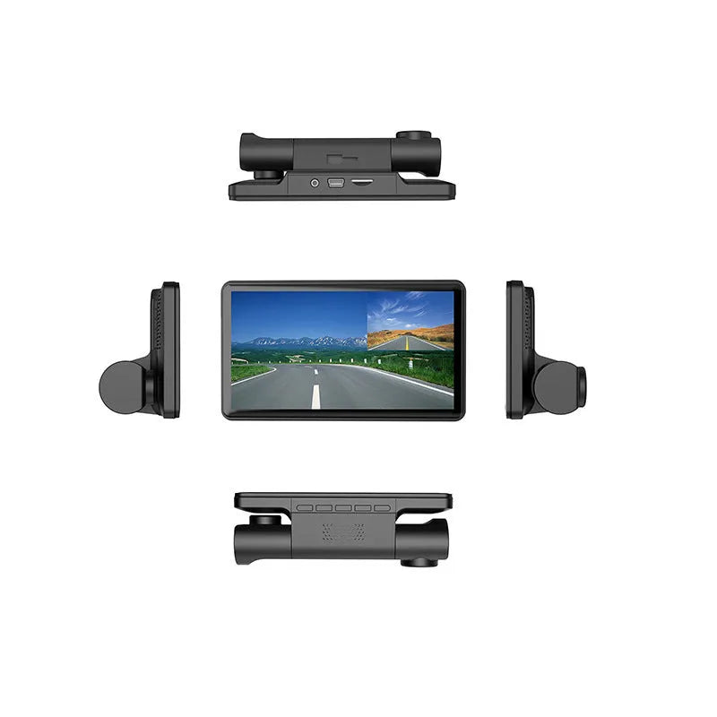 Black three-lens dash cam with 4-inch touchscreen display for front and rear vehicle recording