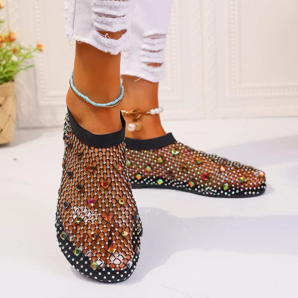 Women's mesh flat sandals with colourful rhinestone design and rubber soles
