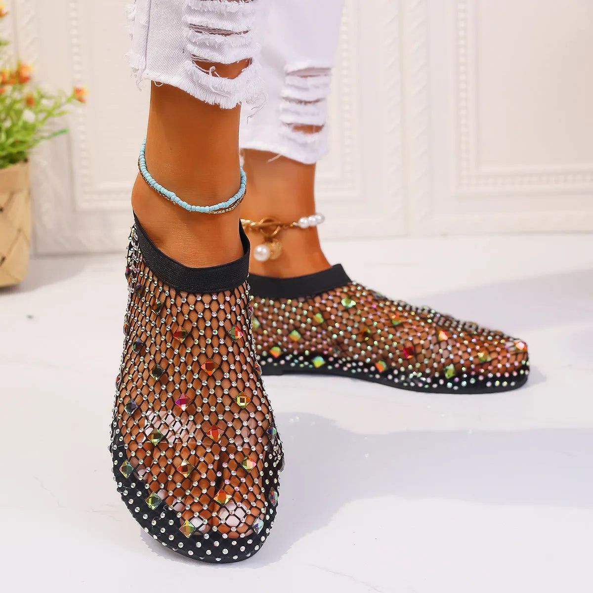 Women's mesh flat sandals with colourful rhinestone design and rubber soles