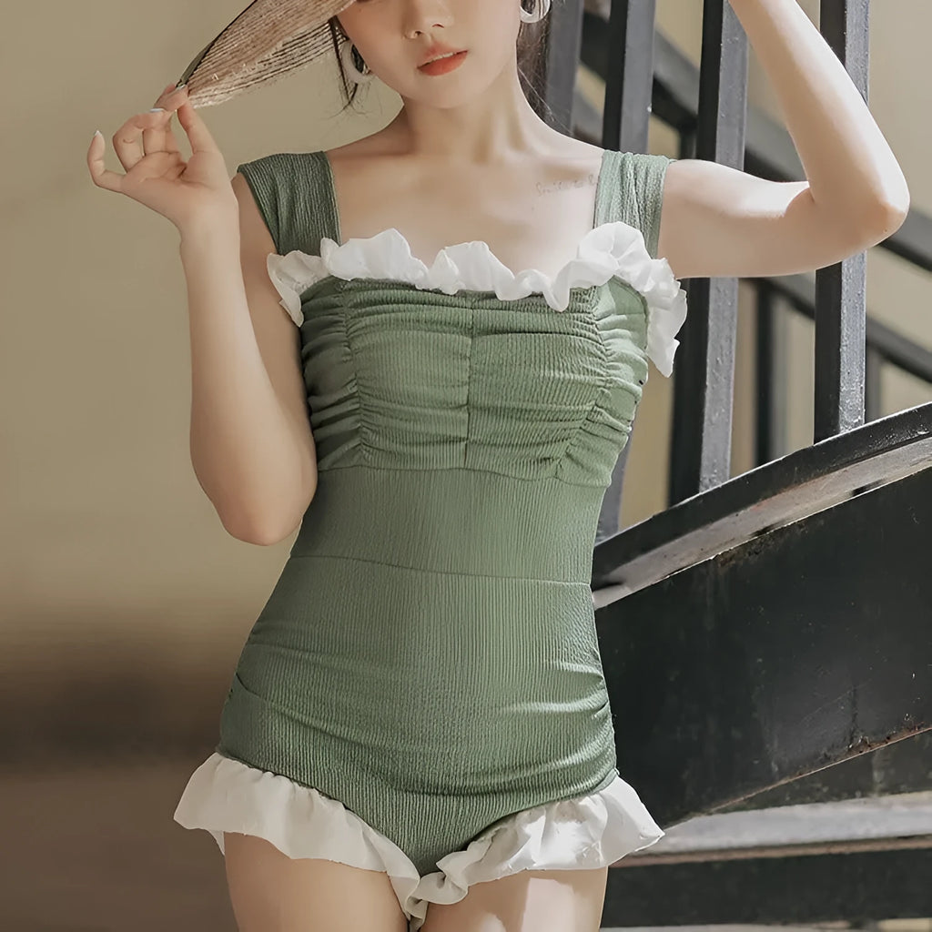 Korean style high-waisted one-piece swimsuit in black, quick-drying polyester fabric, triangle top design