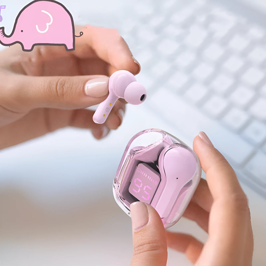 LED Power Digital Display Mini Wireless Bluetooth Headset in selected colour with charging case and accessories.