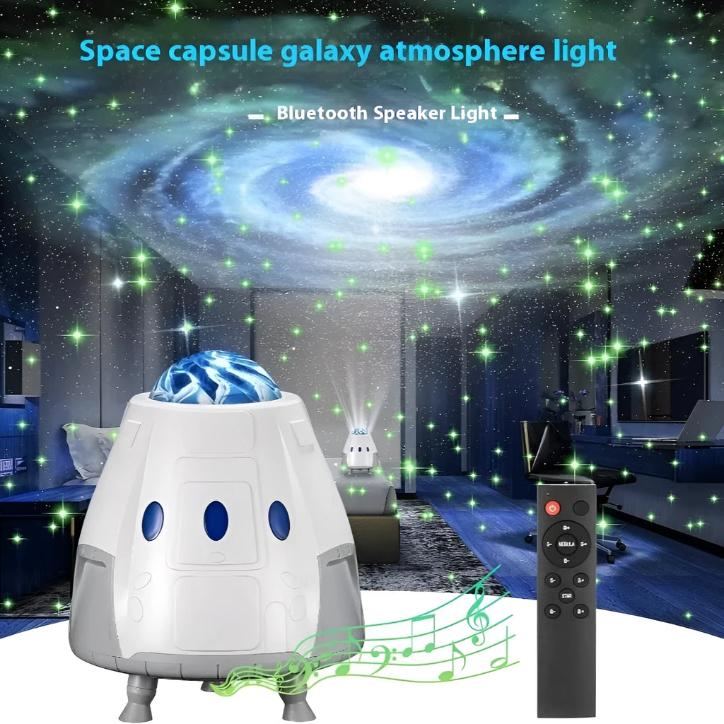 USB space capsule projector lamp showing starry galaxy projection effect with remote control