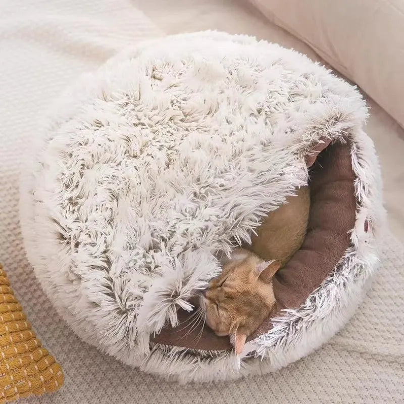 Round plush cat bed in brown or grey with non-slip rubber sole, available in 40cm, 50cm, 65cm and 100cm sizes