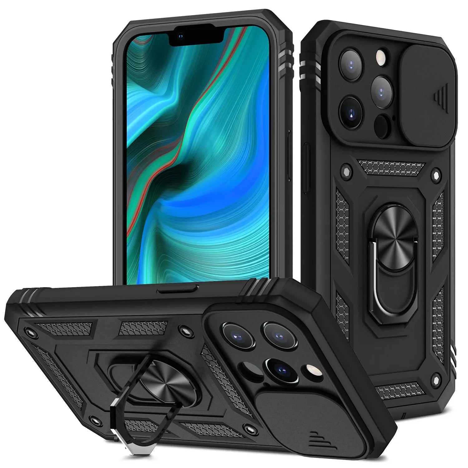 Magnetic phone case with sliding window bracket in sapphire blue and other colour options for iPhone.