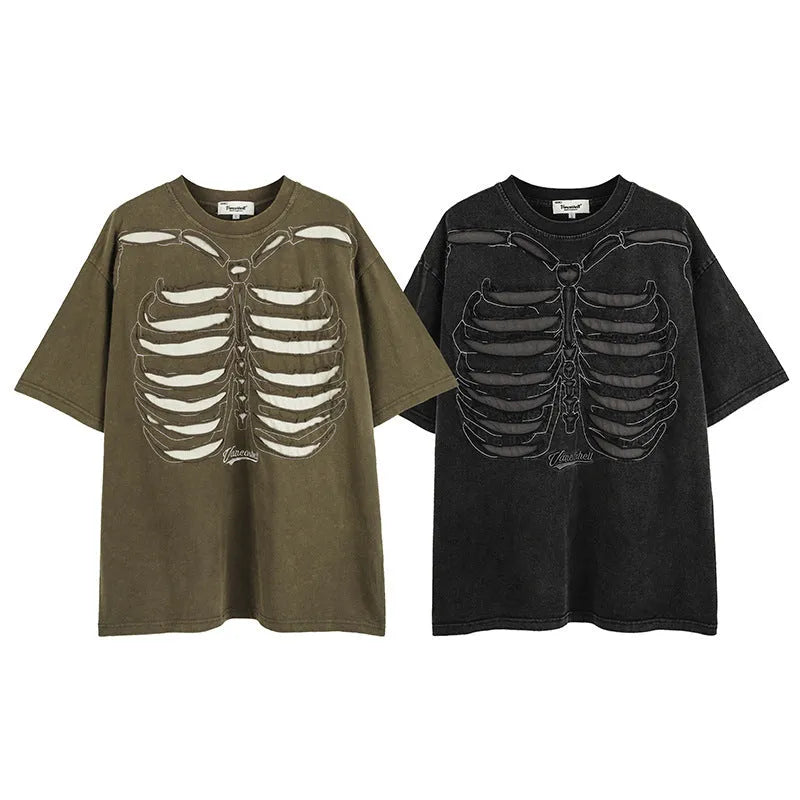 Black loose-fit cotton t-shirt with a printed skull and letter design on the front.