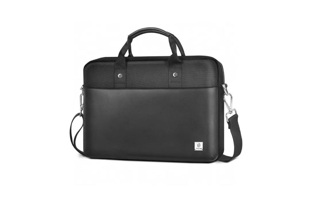 Black Oxford cloth laptop backpack showing multiple compartments and a lock, suitable for 14-inch or 15.6-inch devices.