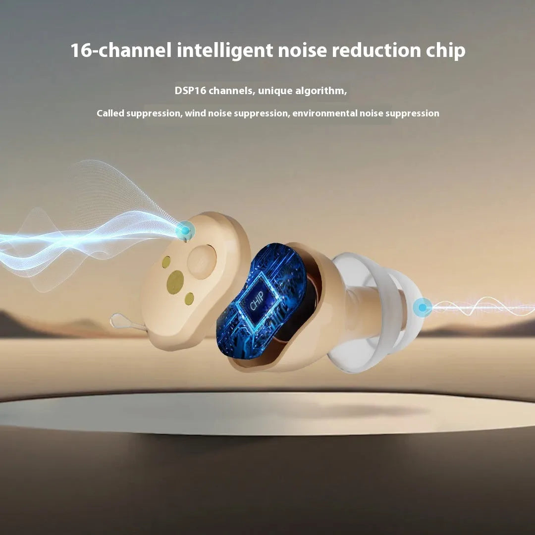 CIC digital hearing aid with charging compartment and digital display in skin colour matching
