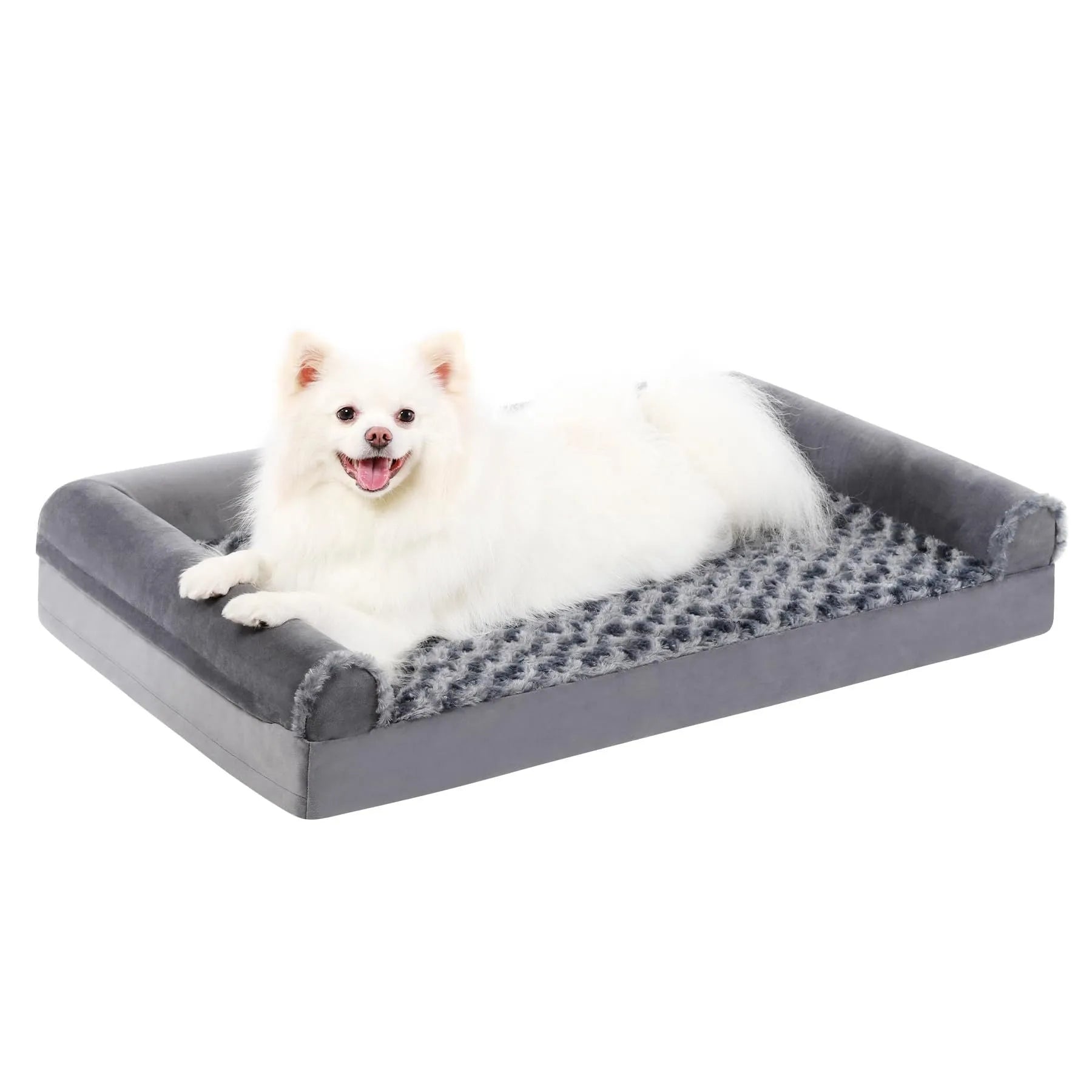 Grey U-shaped dog bed with a removable embossed velvet cover and deep sponge bolster.
