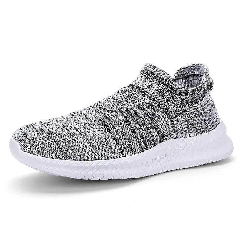 Men's breathable Flyknit casual shoe in blue, showing low-top flat heel design for hiking and leisure.